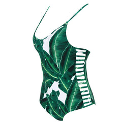One Piece Green Leaf Bodysuit with Bandage Cut Out