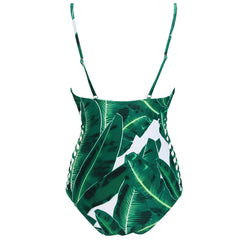 One Piece Green Leaf Bodysuit with Bandage Cut Out