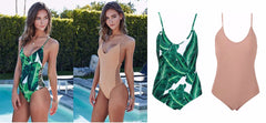 One Piece Green Leaf Bodysuit with Bandage Cut Out