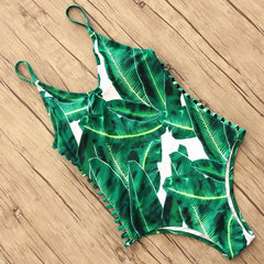 One Piece Green Leaf Bodysuit with Bandage Cut Out