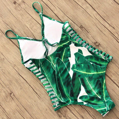 One Piece Green Leaf Bodysuit with Bandage Cut Out